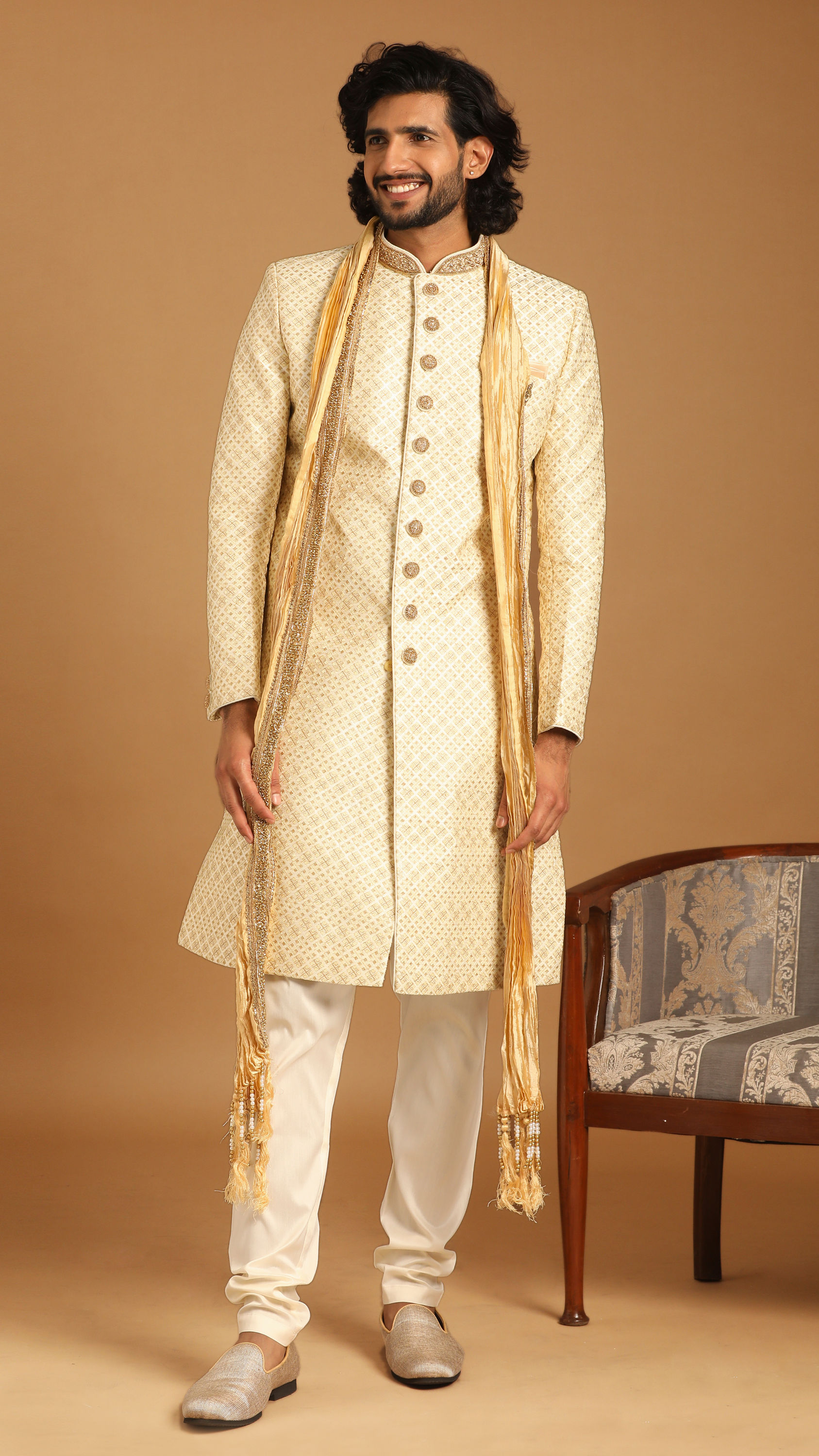 Manyavar Men Luxe Cream Color Sherwani