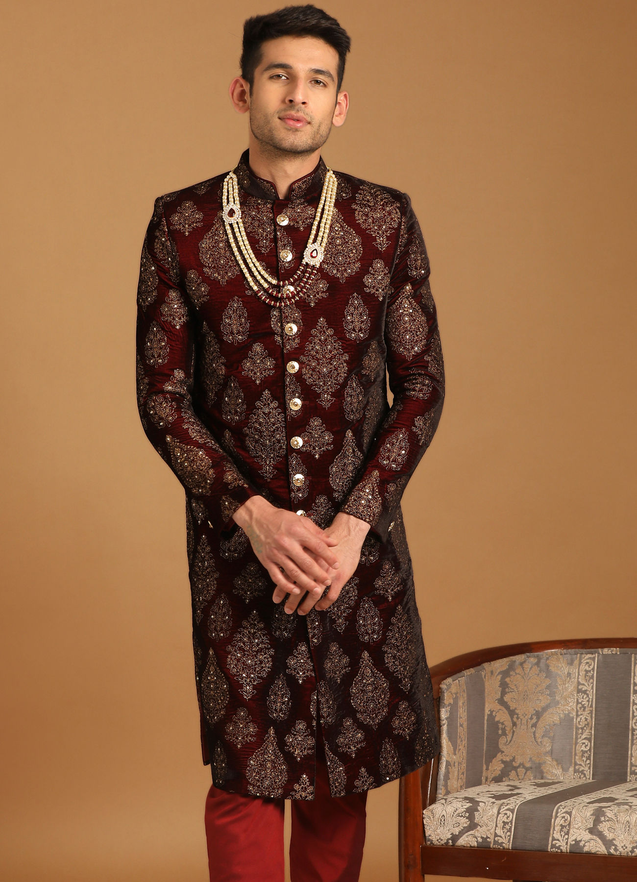 Manyavar Men Elegant Maroon Velvet Sherwani