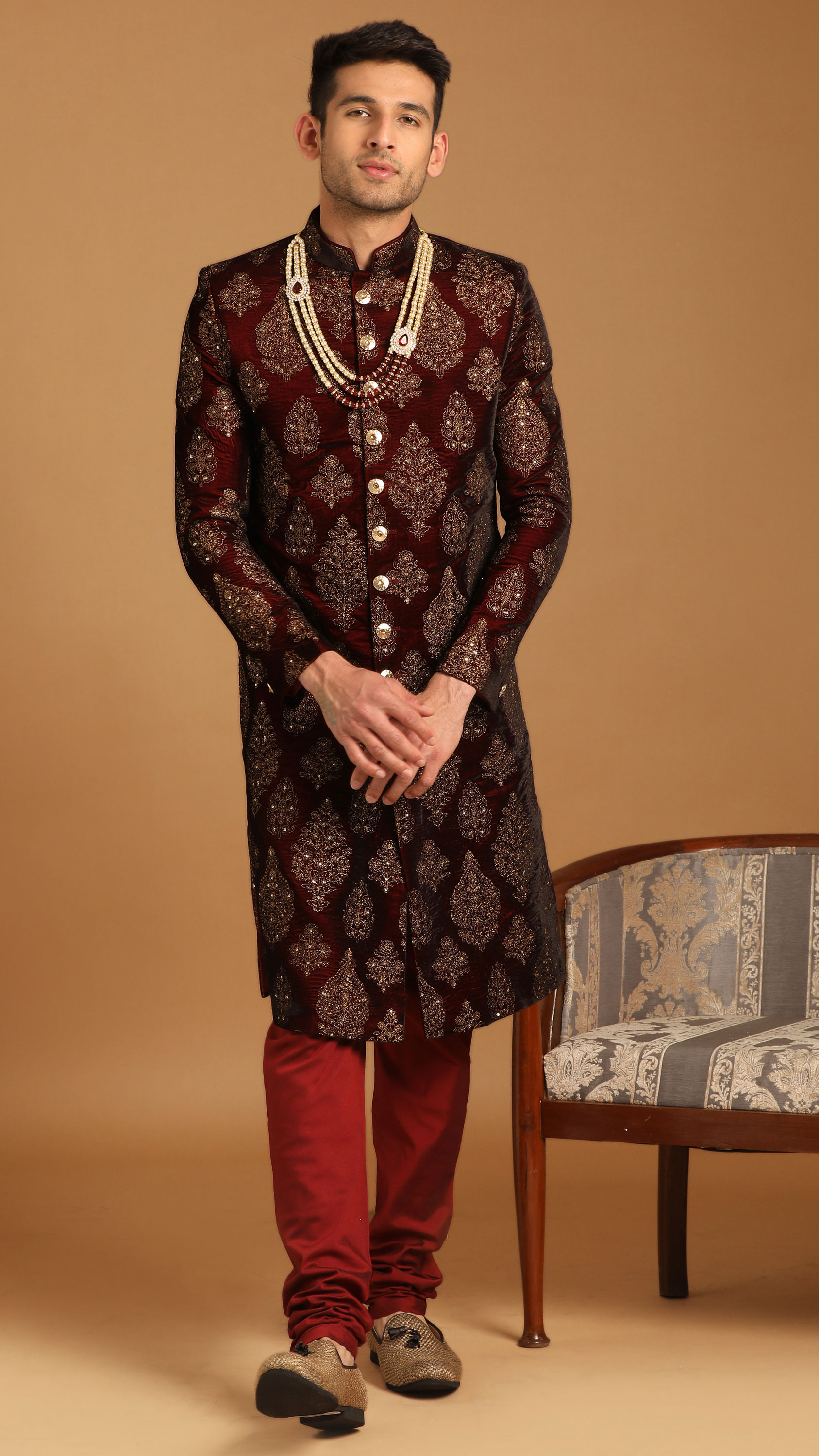 Manyavar Men Elegant Maroon Velvet Sherwani