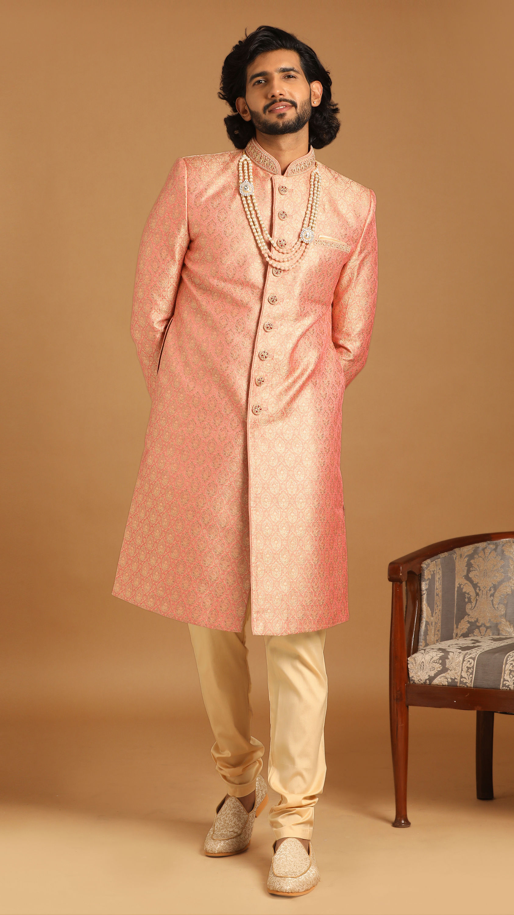 Manyavar Men Elegant Rani Pink Sherwani