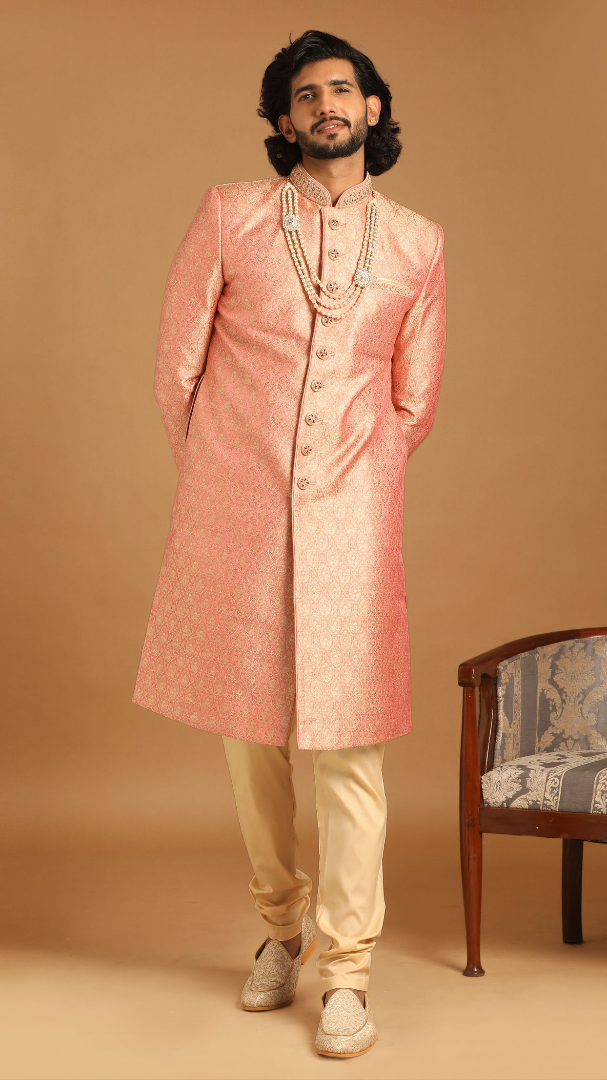 Manyavar Men Elegant Rani Pink Sherwani