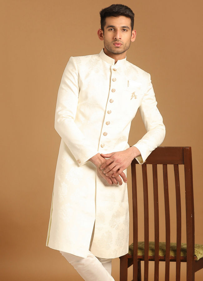 alt message - Manyavar Men Charming Off White Indian Sherwani image number 1