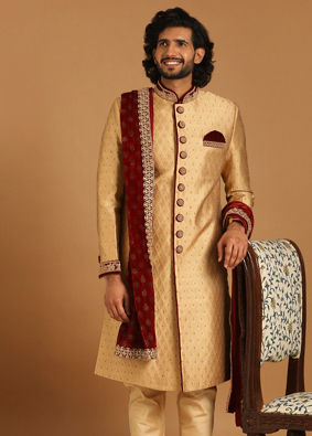 alt message - Manyavar Men Fawn Groom Sherwani image number 1