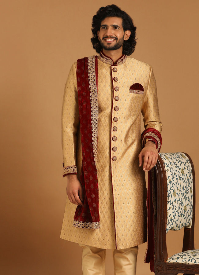 alt message - Manyavar Men Fawn Groom Sherwani image number 1