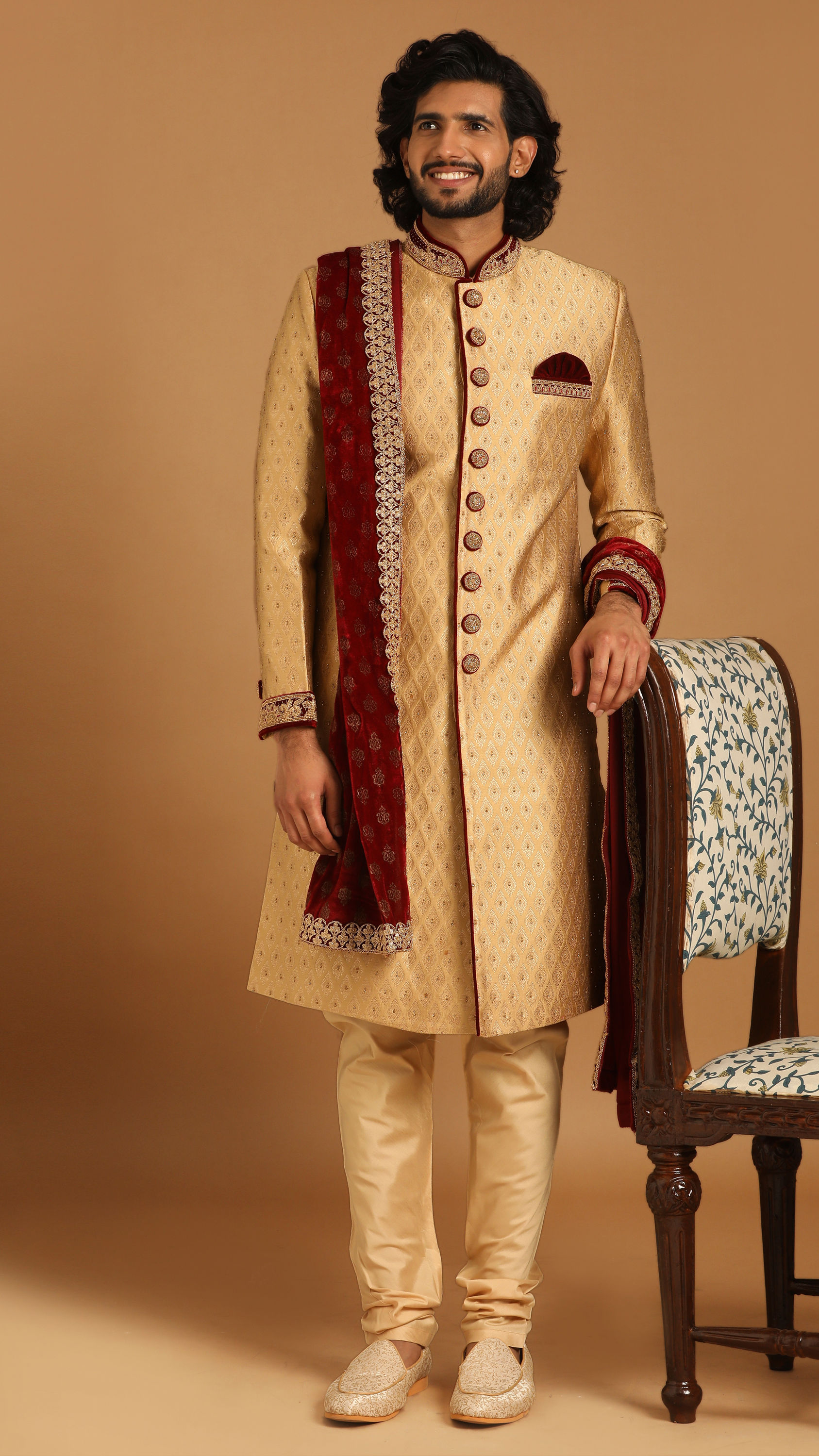 Manyavar Men Fawn Groom Sherwani