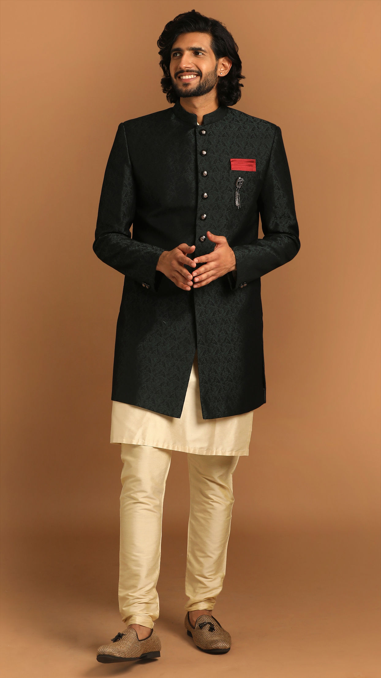 Manyavar Men Achkan Style Green Indo Western