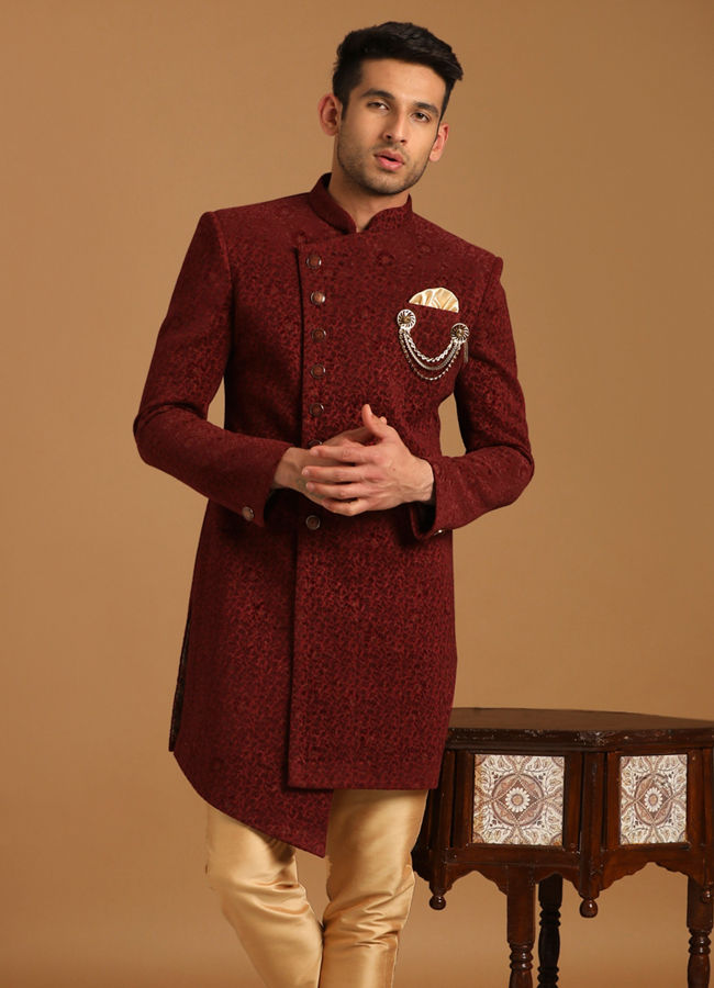 alt message - Manyavar Men Suave Maroon Indo Western Set image number 2