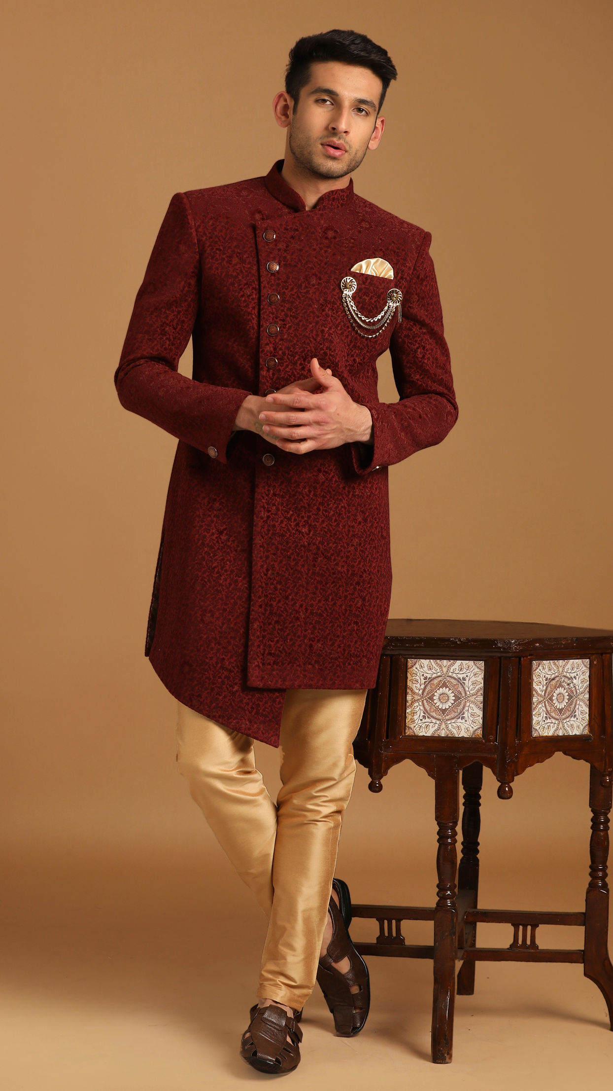 Manyavar Men Suave Maroon Indo Western Set