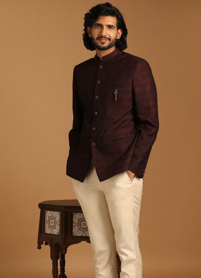 alt message - Manyavar Men Attractive Maroon Indo Western image number 1