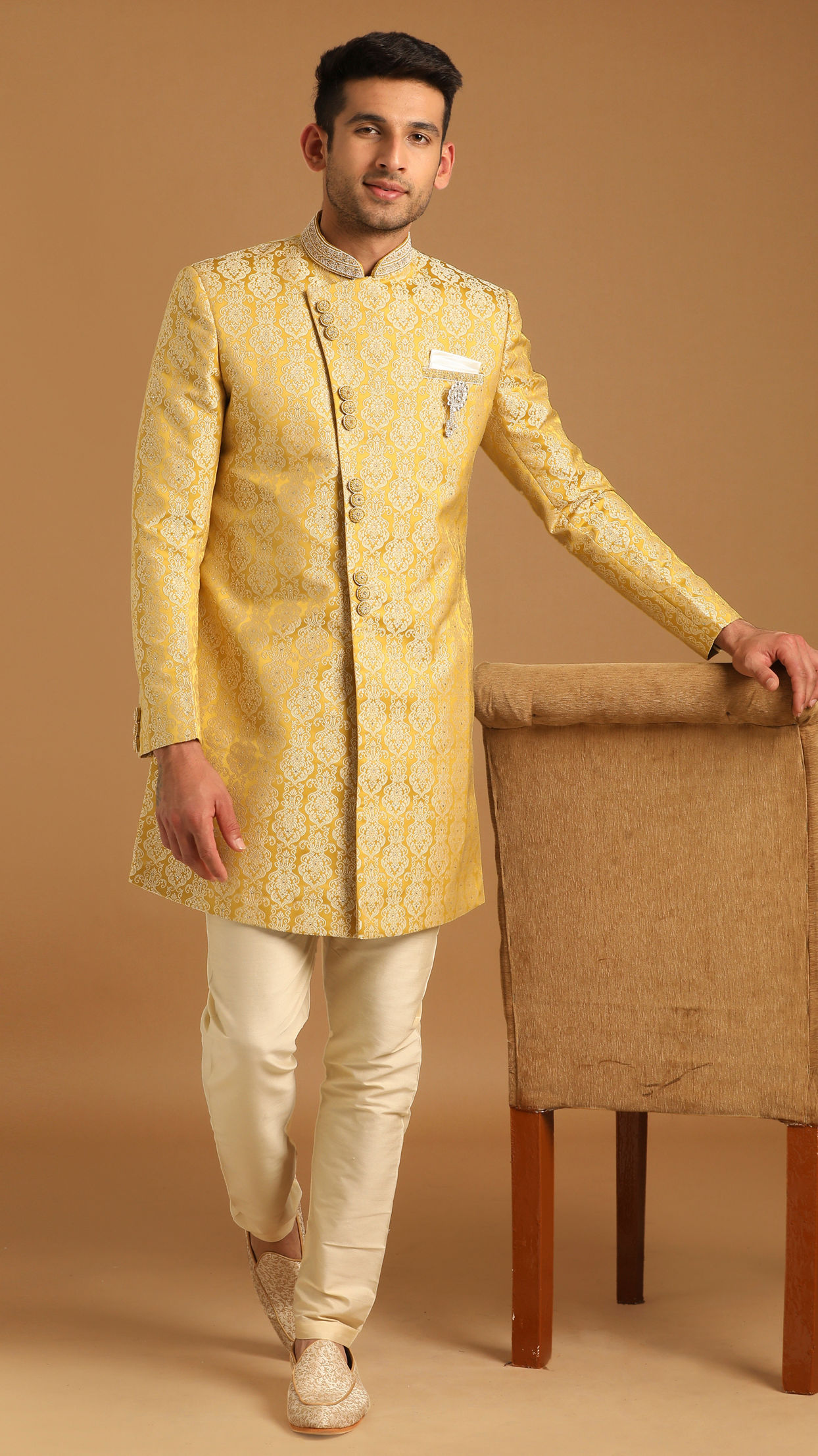 alt message - Manyavar Men Bright Yellow Indo Western image number 0