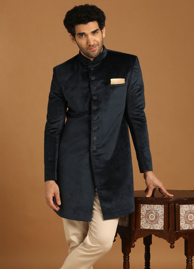 alt message - Manyavar Men Feroze Velvet Indo Western image number 0