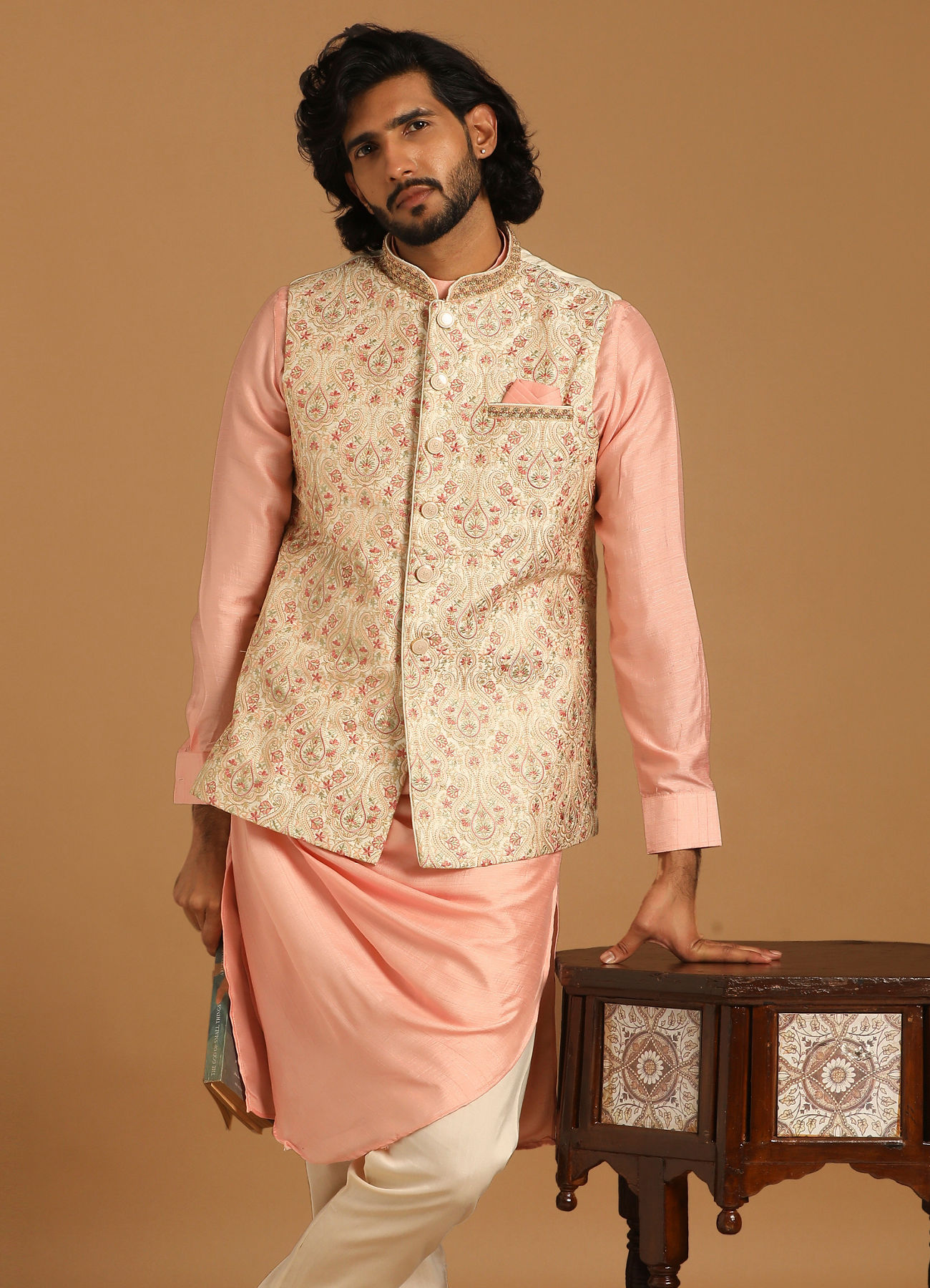 Manyavar Men Cream And Gajaree Kurta Jacket Set