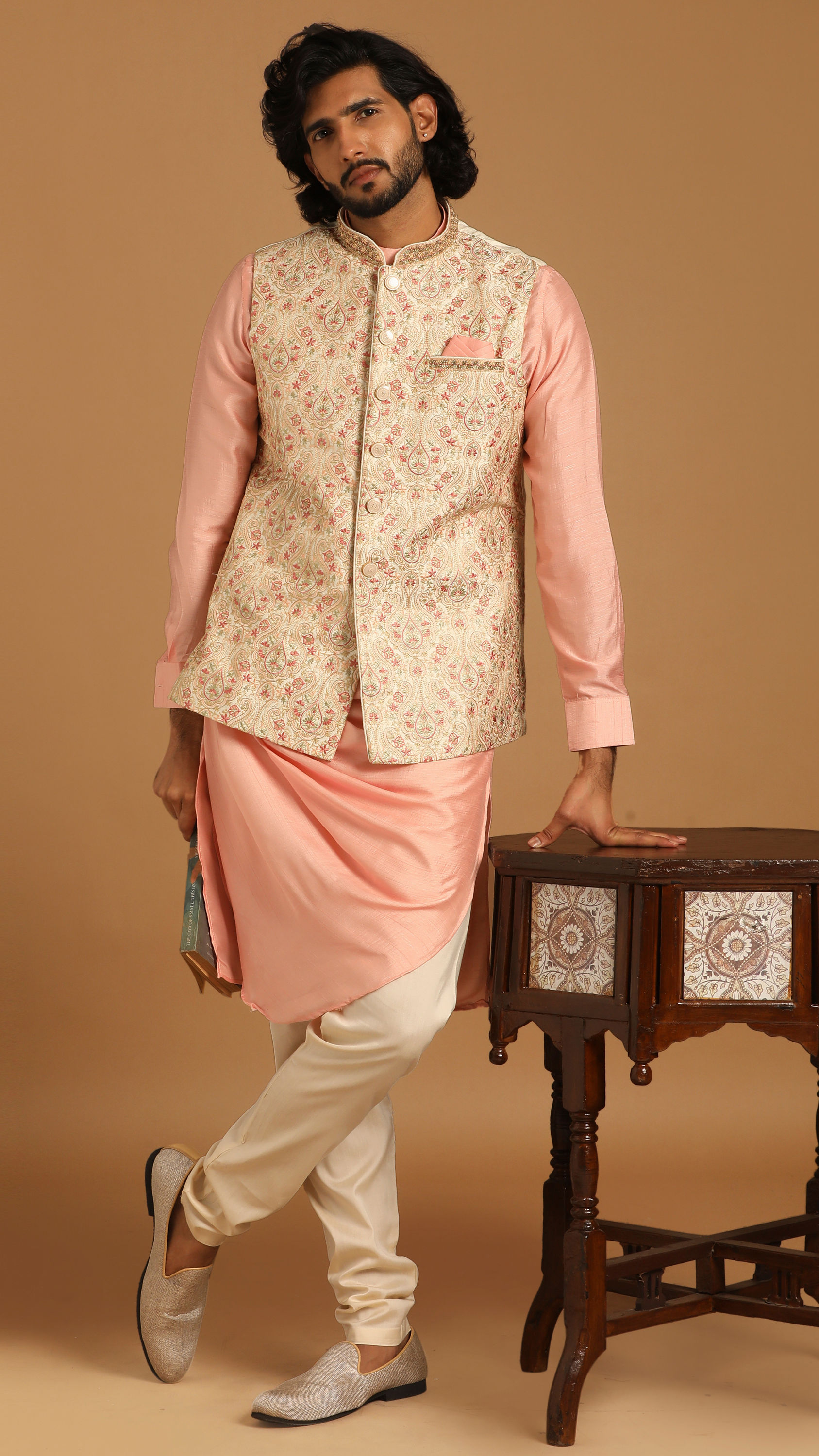 Manyavar Men Cream And Gajaree Kurta Jacket Set