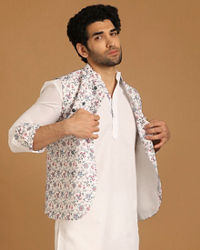 Manyavar Men Light Cream Floral Print Kurta Jacket Set