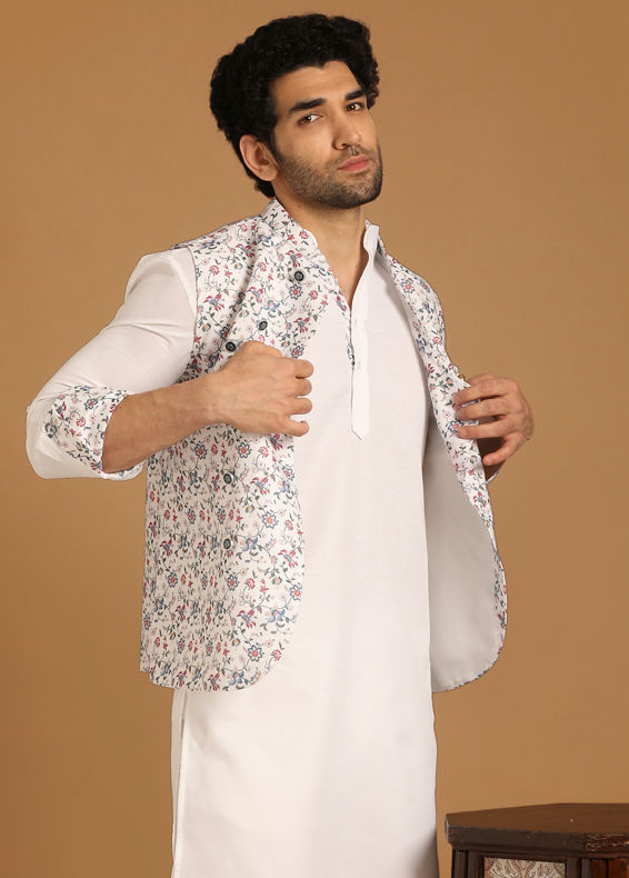 Manyavar Men Light Cream Floral Print Kurta Jacket Set