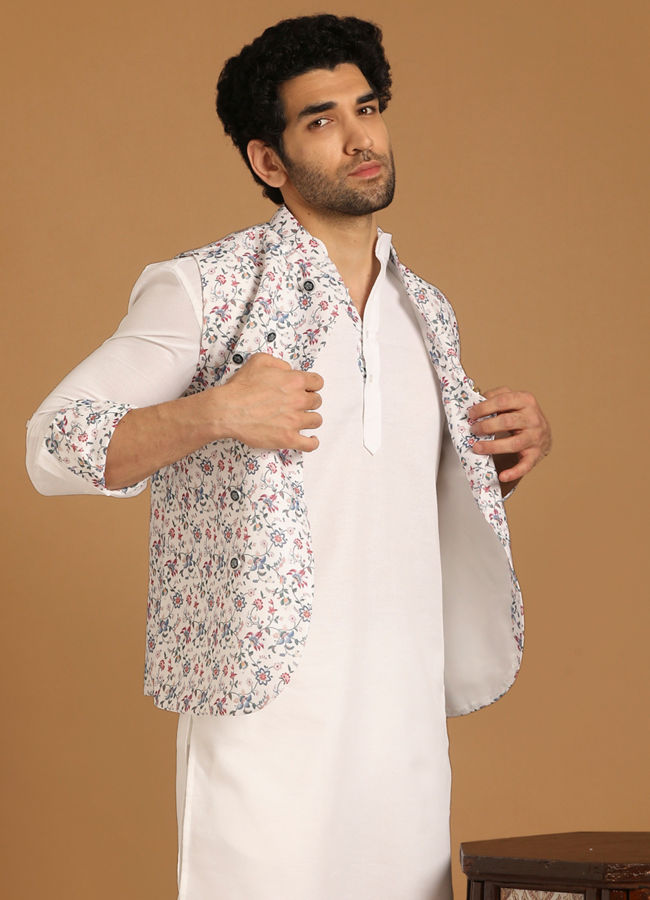 Light Cream Floral Print Kurta Jacket Set image number 0