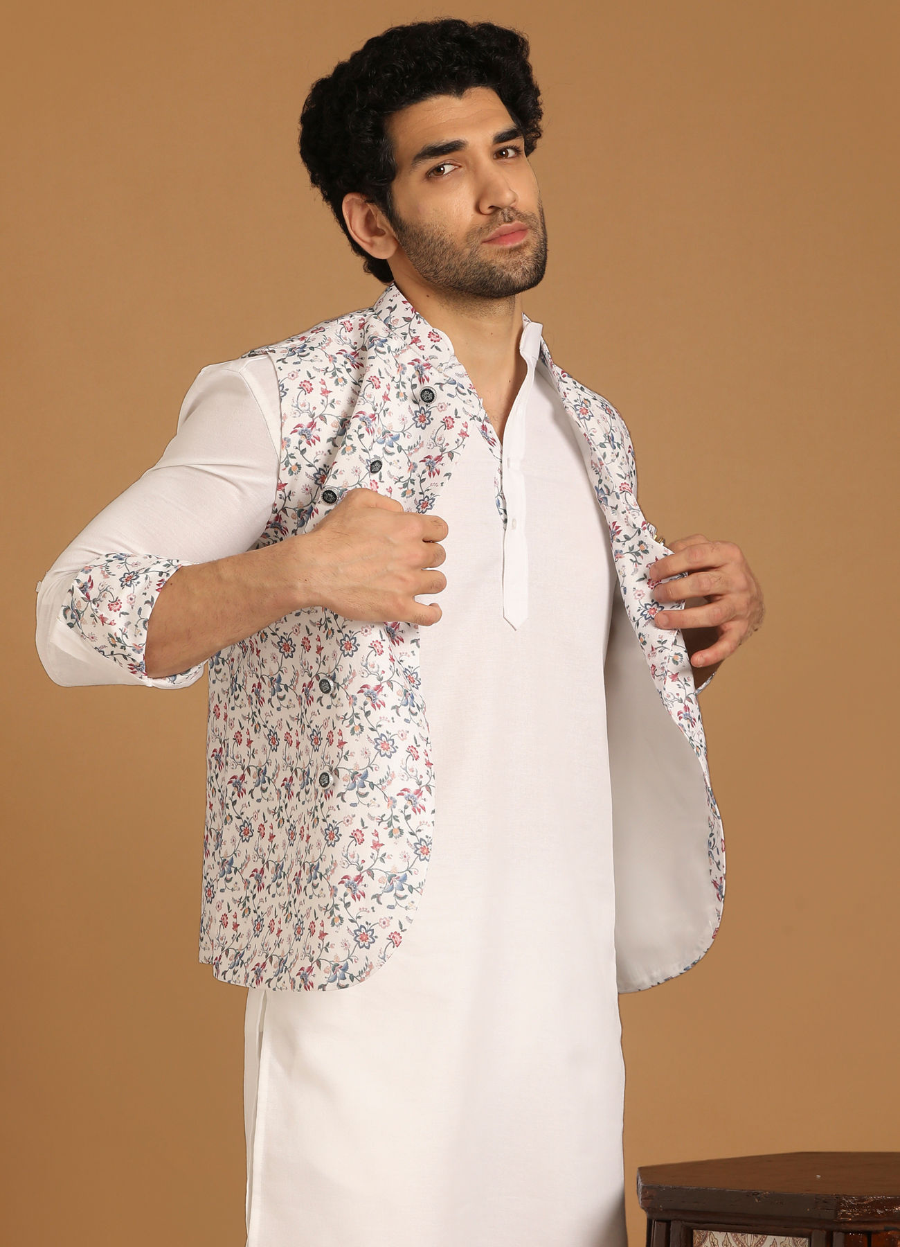 Manyavar Men Light Cream Floral Print Kurta Jacket Set