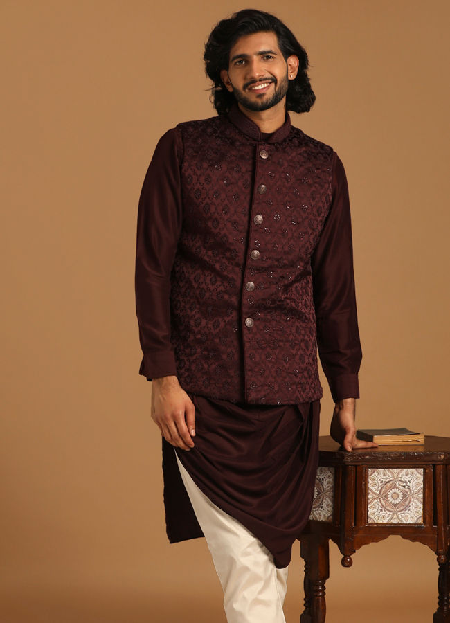 alt message - Manyavar Men Wine Self Design Kurta Jacket Set image number 1