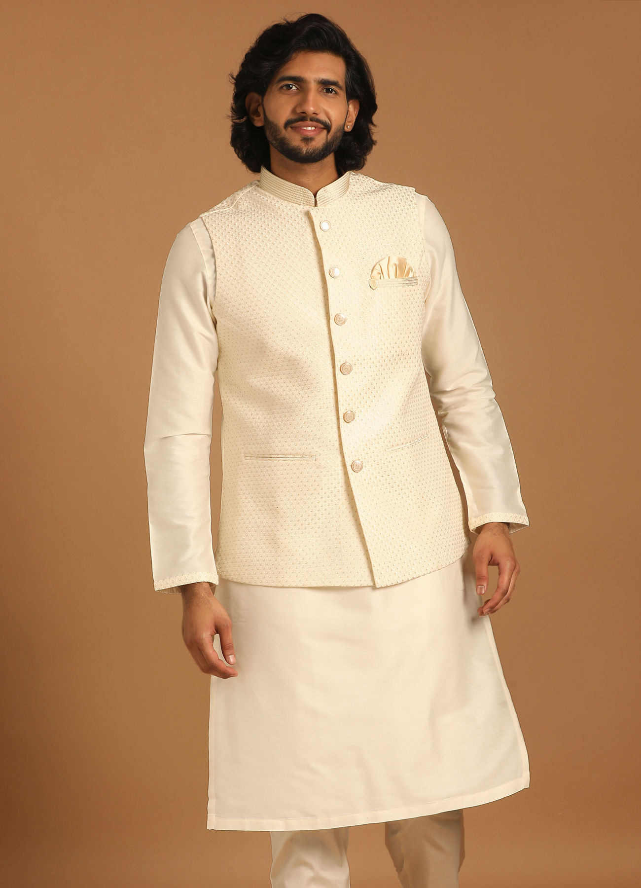 Manyavar Men Marvellous Cream Kurta Jacket Set