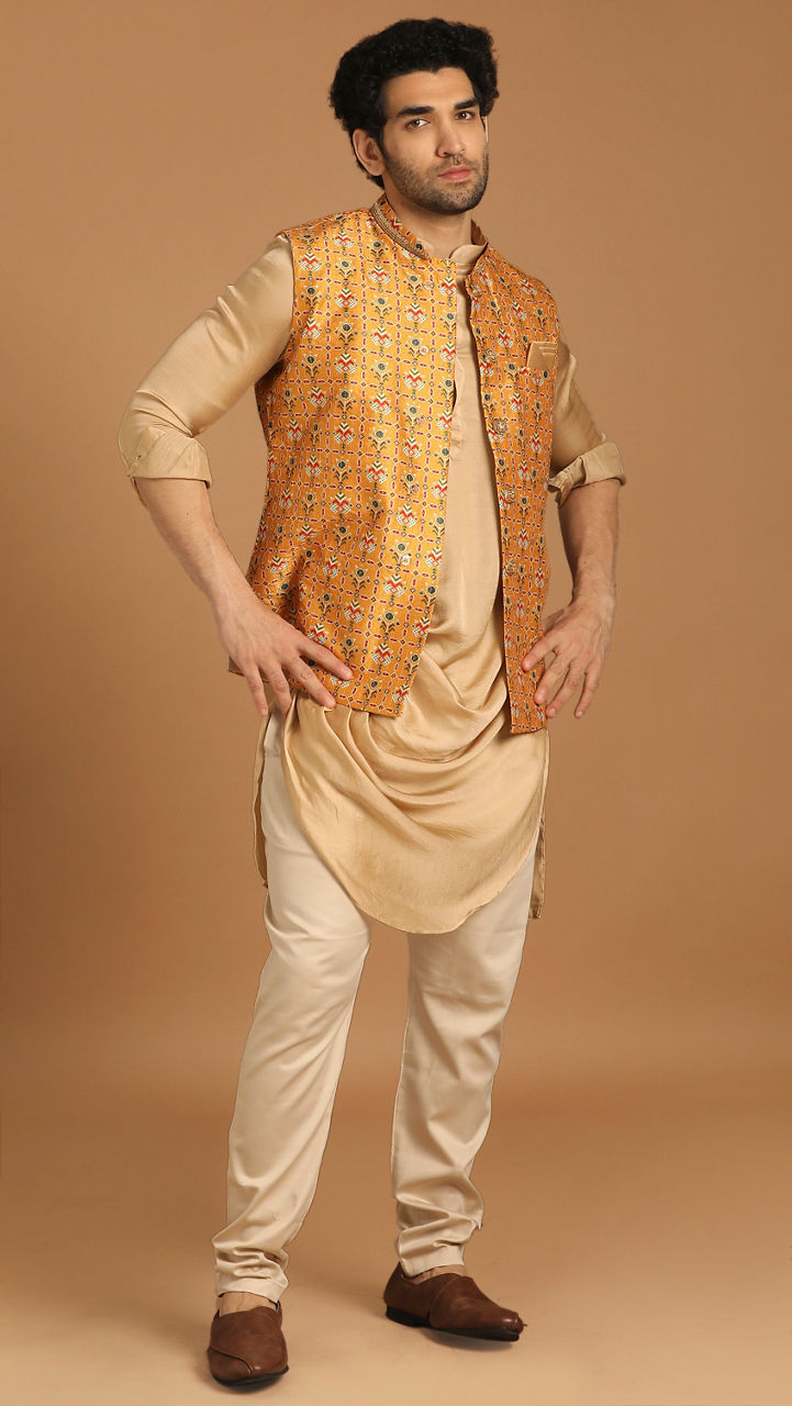 Manyavar Men Light Orange Kurta Jacket Set