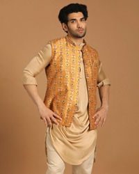 Manyavar Men Light Orange Kurta Jacket Set