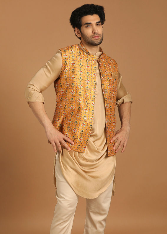 Manyavar Men Light Orange Kurta Jacket Set