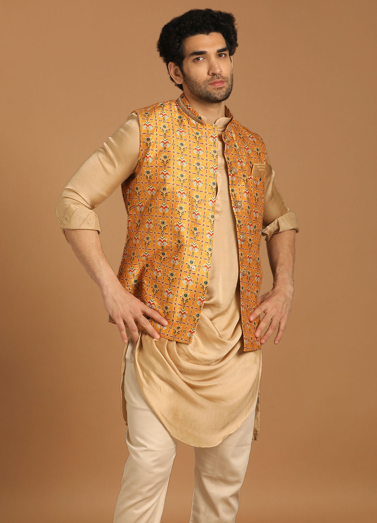 Manyavar Men Light Orange Kurta Jacket Set