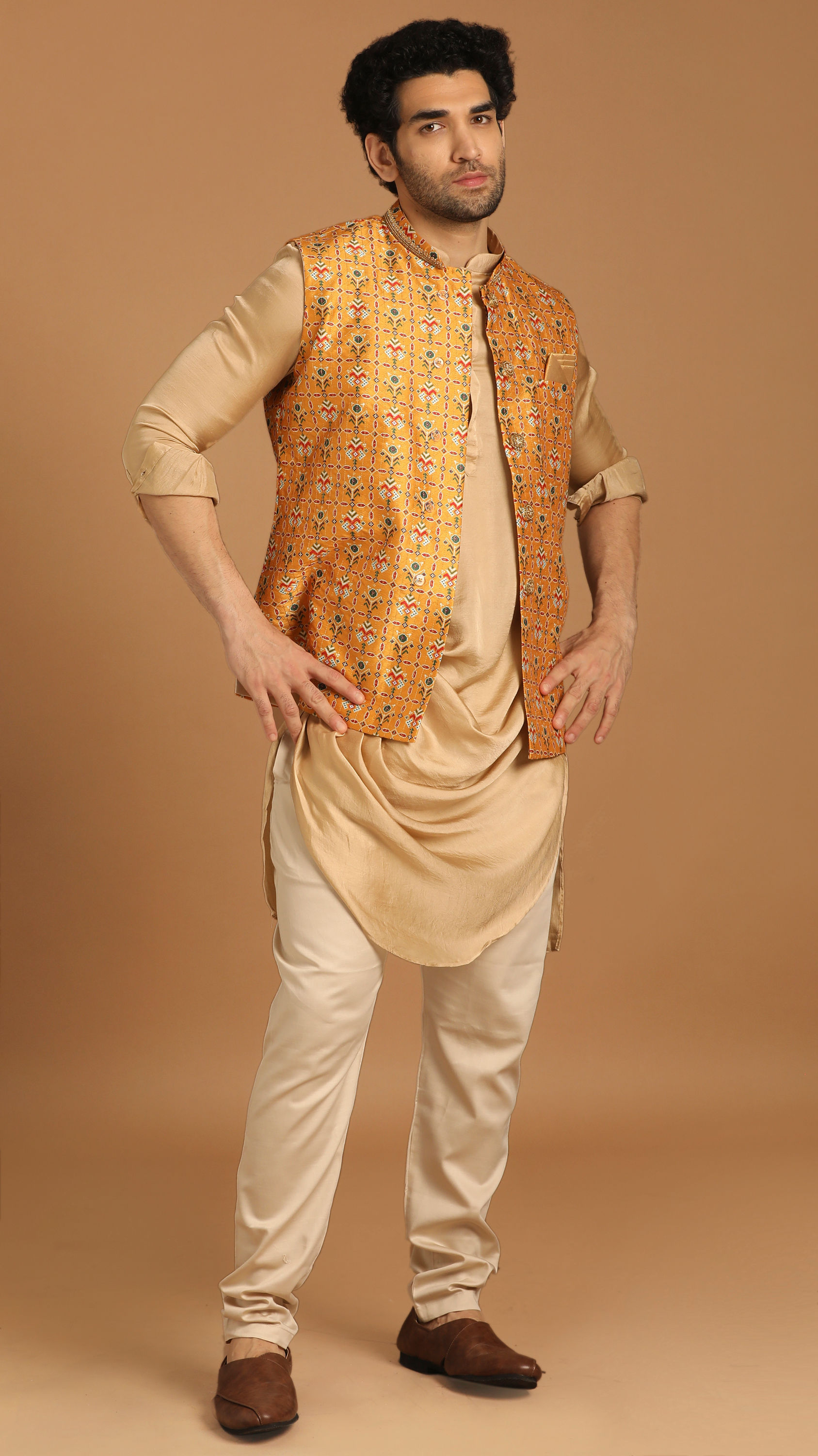 Manyavar Men Light Orange Kurta Jacket Set