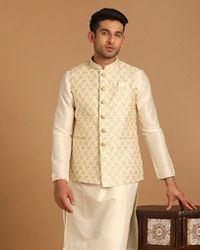 Manyavar Men Off White Embellished Festive Kurta Jacket Set