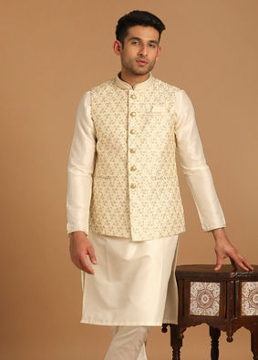 alt message - Manyavar Men Off White Embellished Festive Kurta Jacket Set image number 1