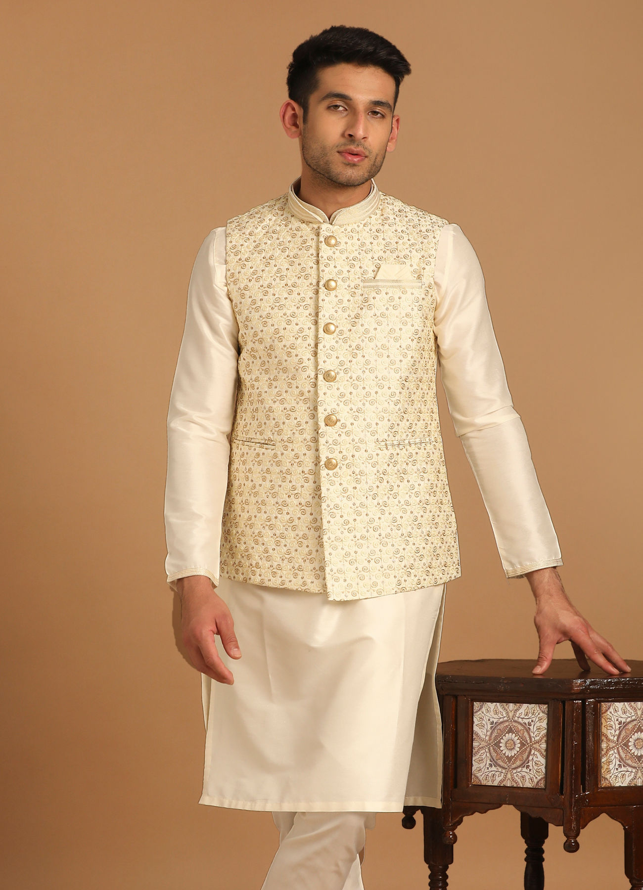 Manyavar Men Off White Embellished Festive Kurta Jacket Set