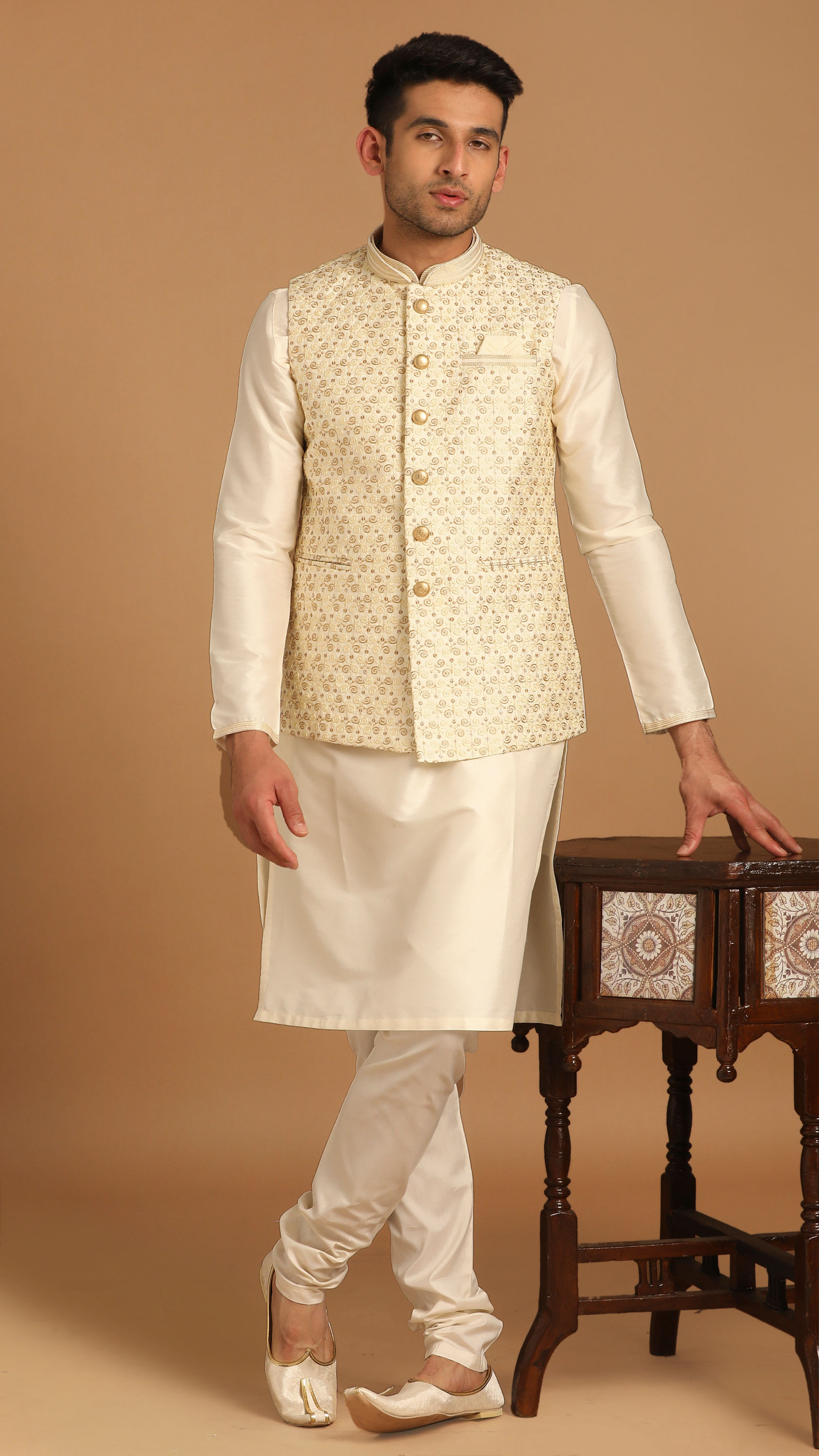 Manyavar Men Off White Embellished Festive Kurta Jacket Set