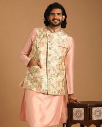 Manyavar Men Beige And Pink Floral Kurta Jacket