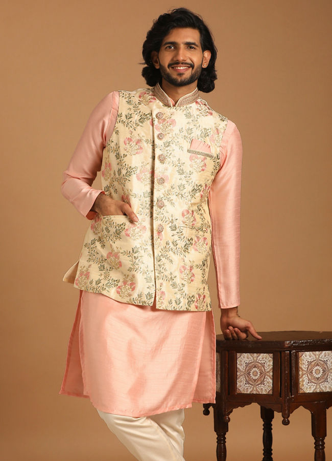 alt message - Manyavar Men Beige And Pink Floral Kurta Jacket image number 1