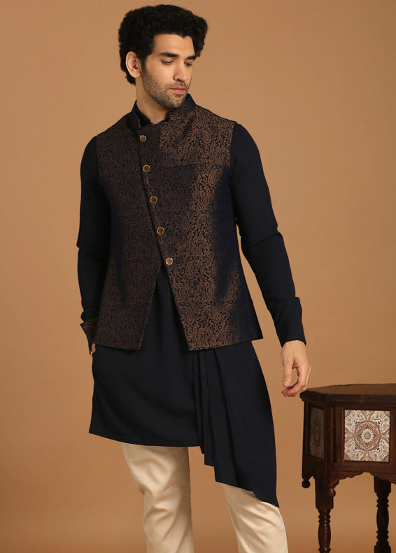 Manyavar Men Blue Draped Kurta Jacket Set