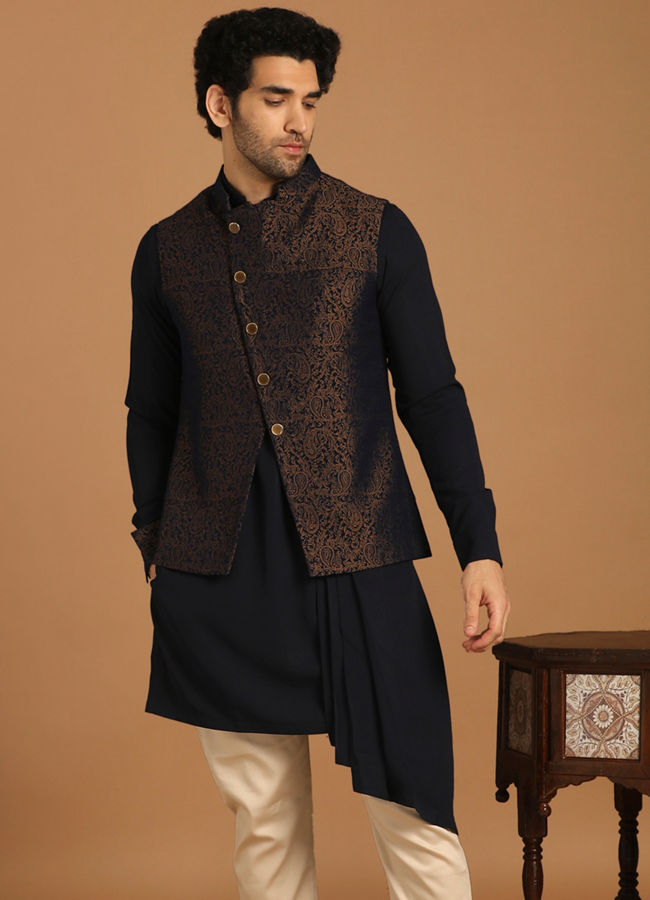 alt message - Manyavar Men Blue Draped Kurta Jacket Set image number 1