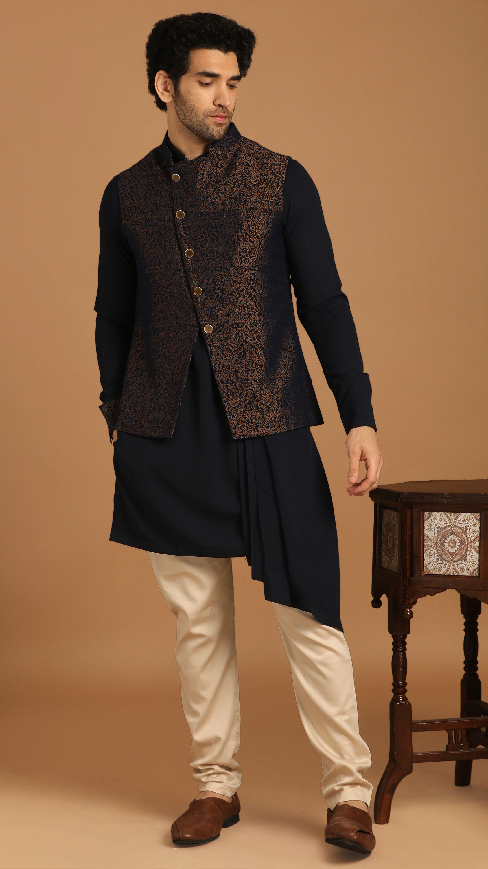 Manyavar Men Blue Draped Kurta Jacket Set