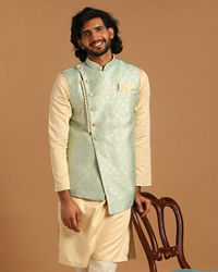 Manyavar Men Powder Blue And Beige Kurta Jacket Set