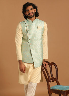 alt message - Manyavar Men Powder Blue And Beige Kurta Jacket Set image number 1