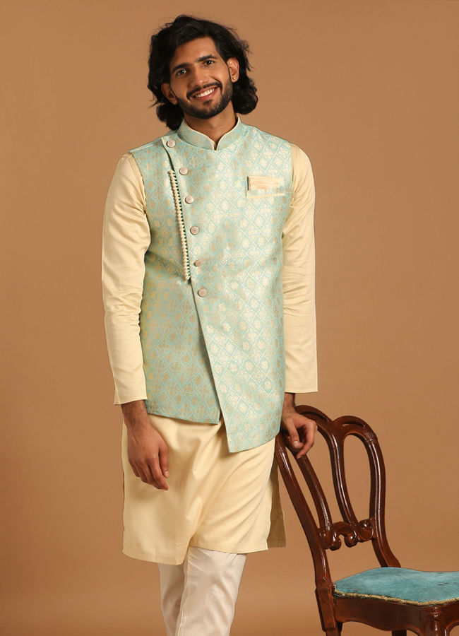 alt message - Manyavar Men Powder Blue And Beige Kurta Jacket Set image number 1