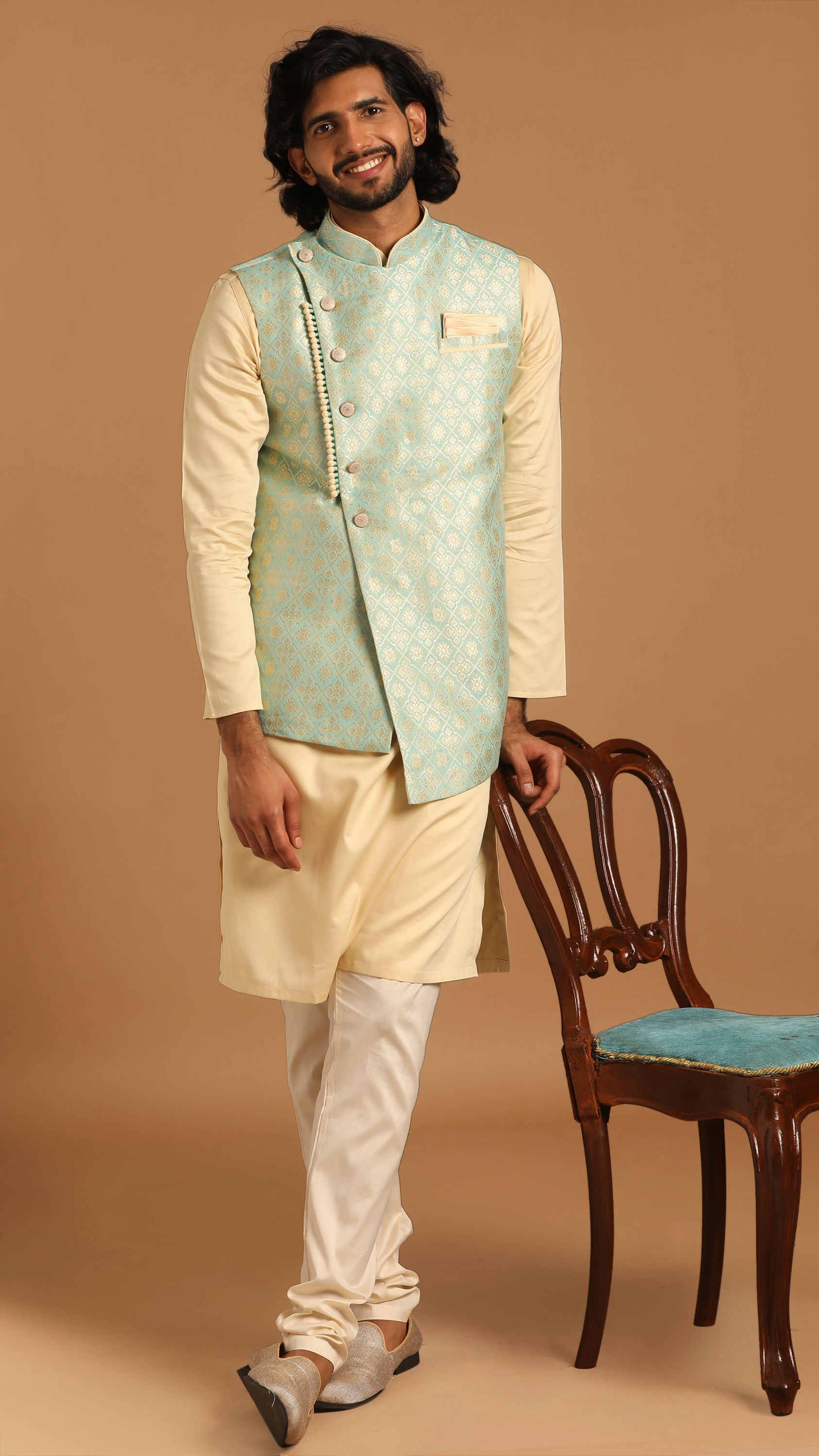 Manyavar Men Powder Blue And Beige Kurta Jacket Set