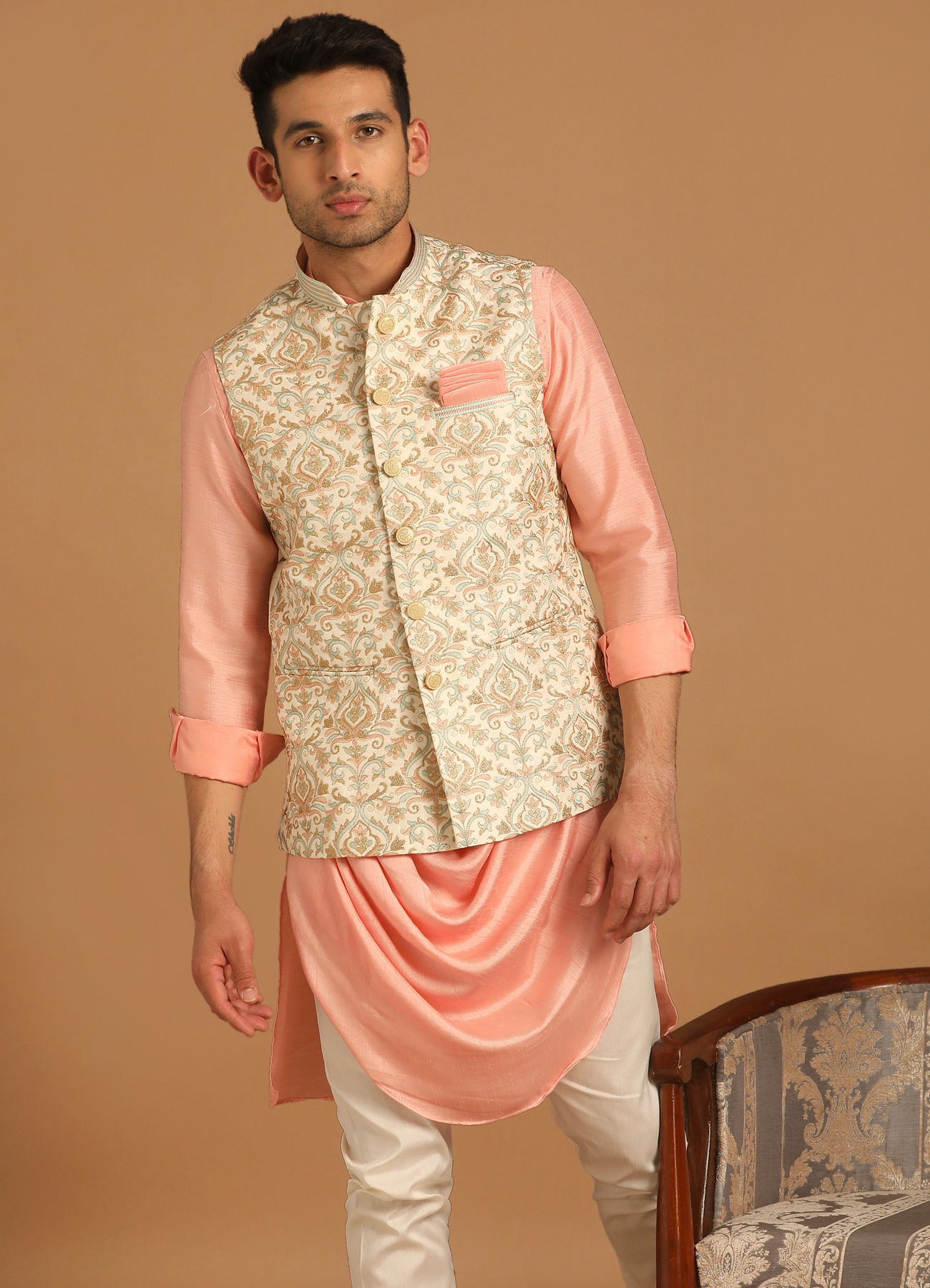 Manyavar Men Cream And Gajaree Kurta Jacket Set