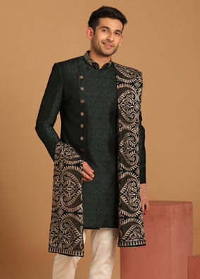 alt message - Manyavar Men Suave Green Indo Western With Dupatta image number 1