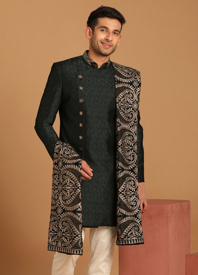 alt message - Manyavar Men Suave Green Indo Western With Dupatta image number 1