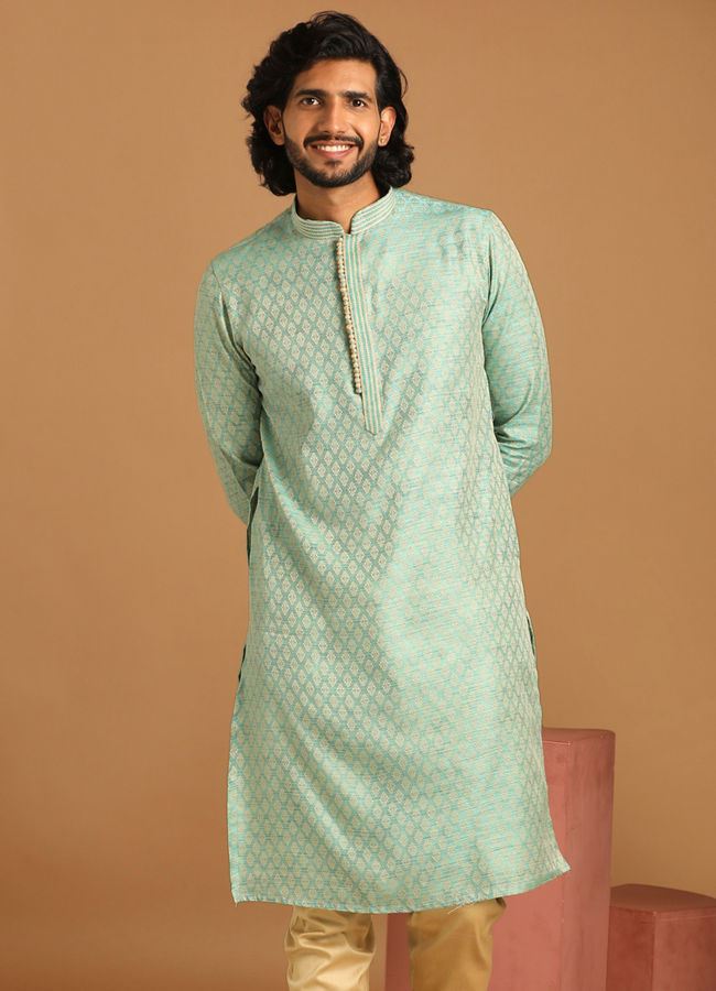 Manyavar Men Pastel Green Jacquard Kurta Set
