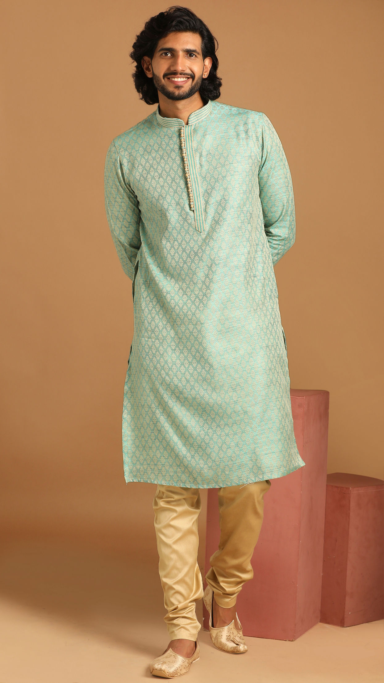 Manyavar Men Pastel Green Jacquard Kurta Set