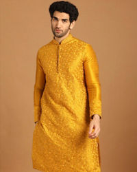 Manyavar Men Golden Yellow Thread Embroidered Kurta Set