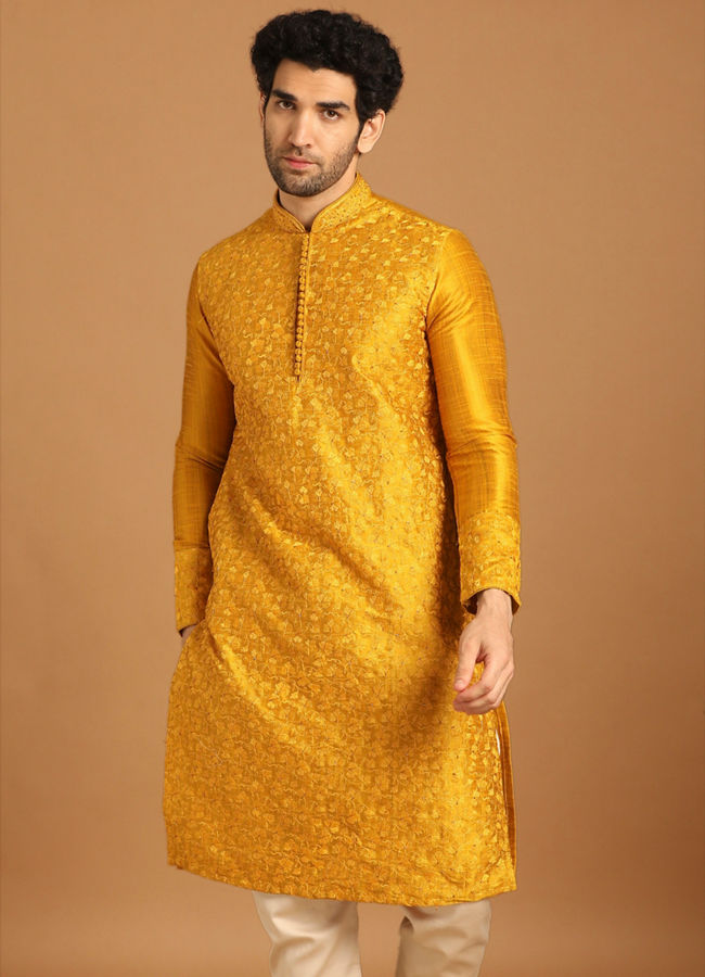 alt message - Manyavar Men Golden Yellow Thread Embroidered Kurta Set image number 1