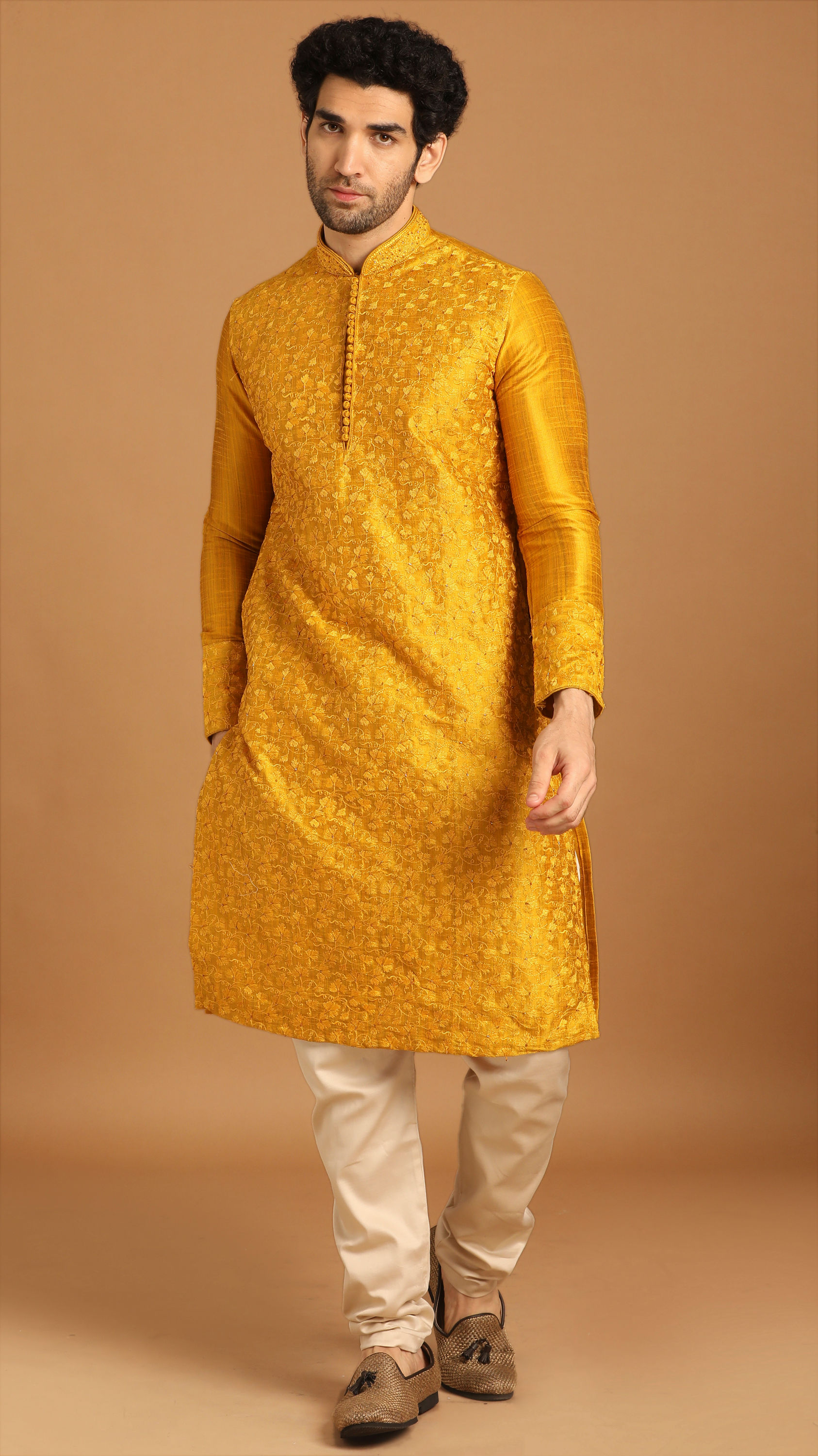 Manyavar Men Golden Yellow Thread Embroidered Kurta Set