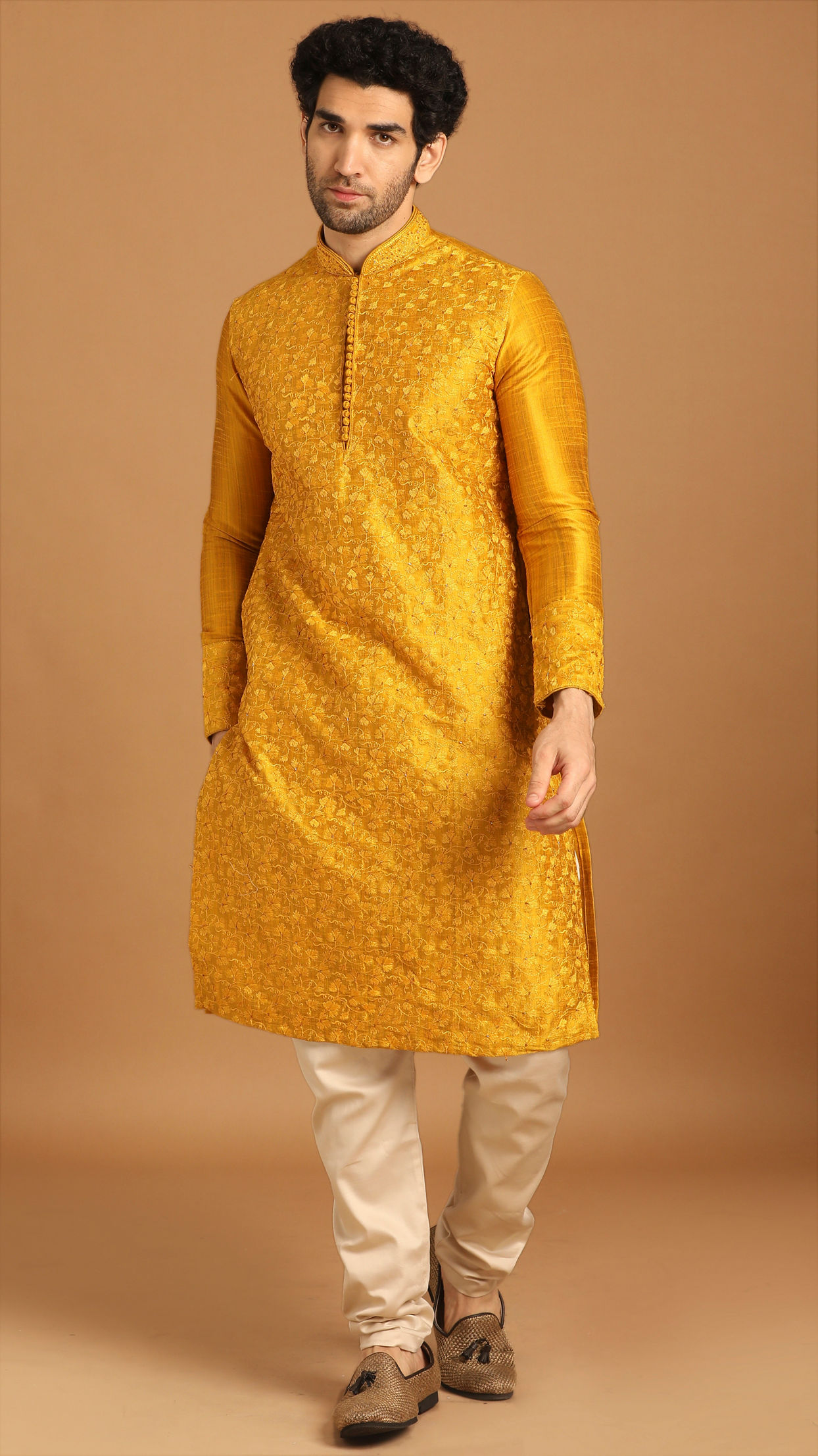 Golden Yellow Thread Embroidered Kurta Set image number 1